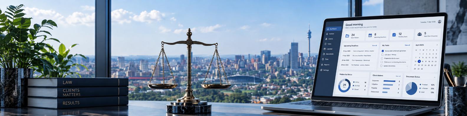 Legal practice management workspace overlooking Johannesburg